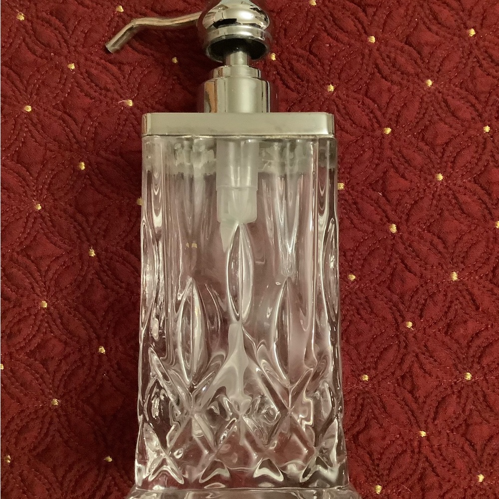 Beautiful cut glass, soap dispenser. Heavy weight, polished silver like top